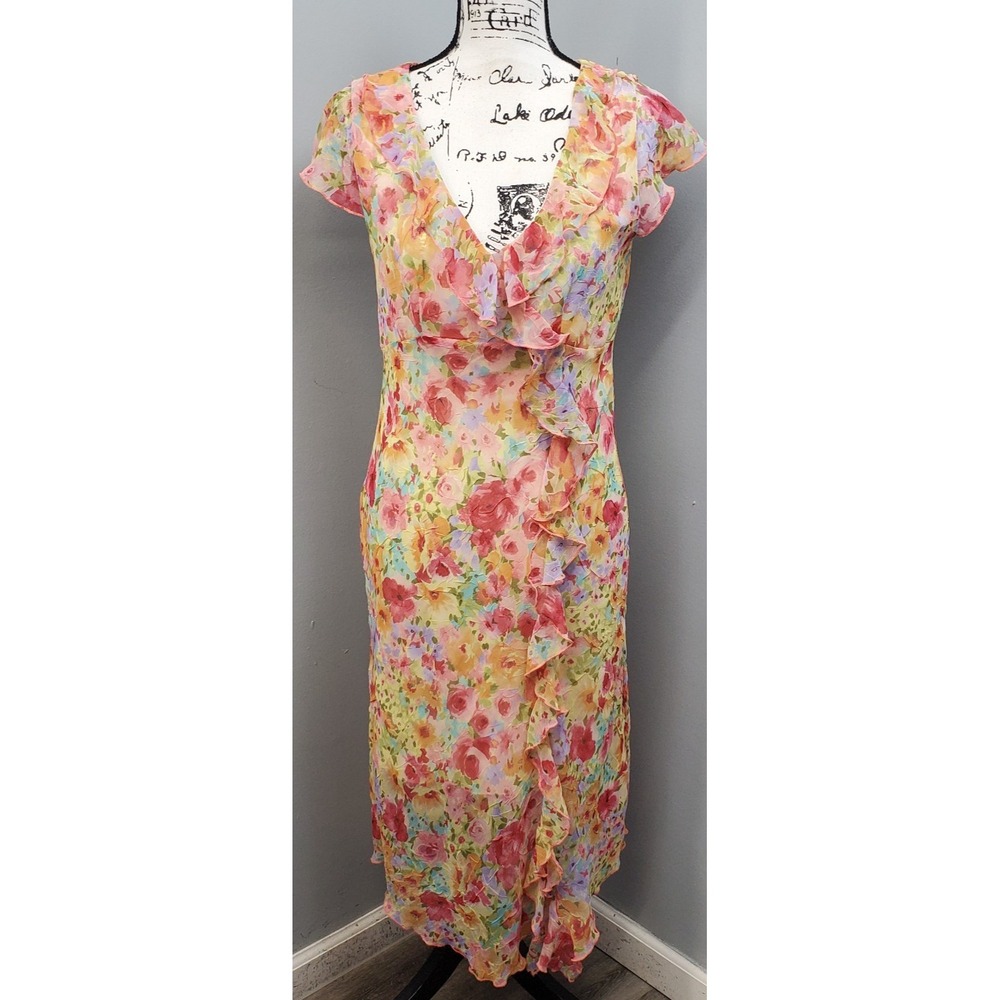CDC Dress Womens 8 Multicolor Floral Print Ruffle Detail Cottagecore Wrap V Neck
